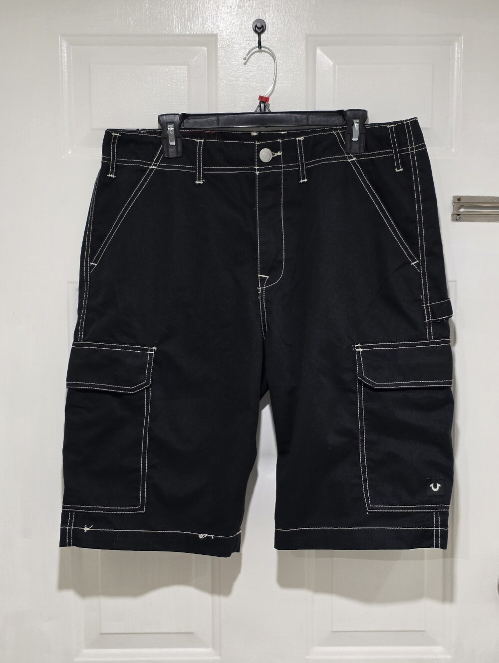 True Religion Black Cargo Shorts with White Contrast Stitching